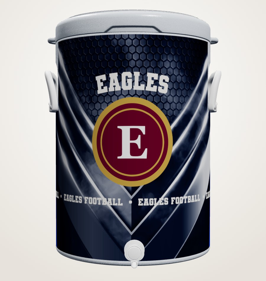 Elite 10 gallon cooler with a navy custom wrap, a maroon and gold E crest, and EAGLES across the front
