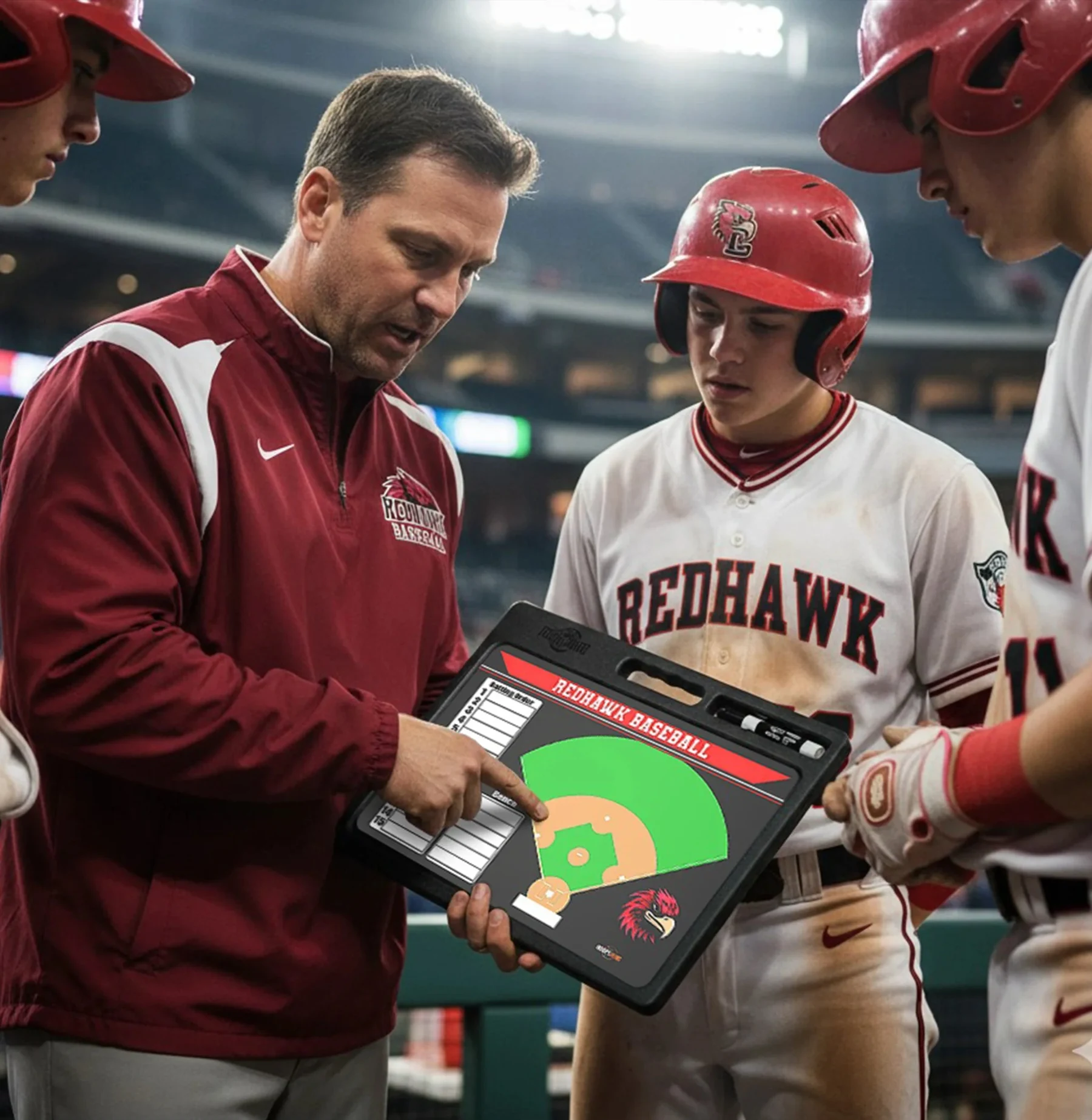 Coach going over the lineup with players on a custom baseball whiteboard