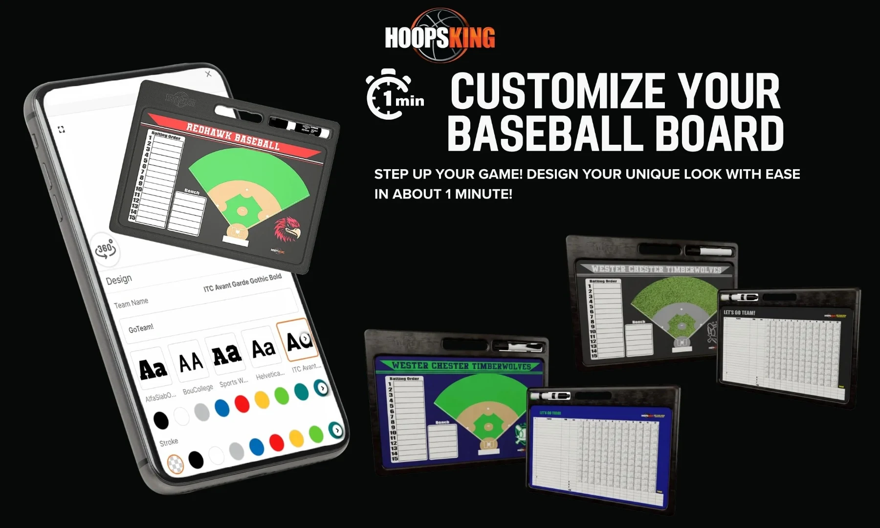 Customize your baseball board with the HoopsKing 3D tool in about a minute